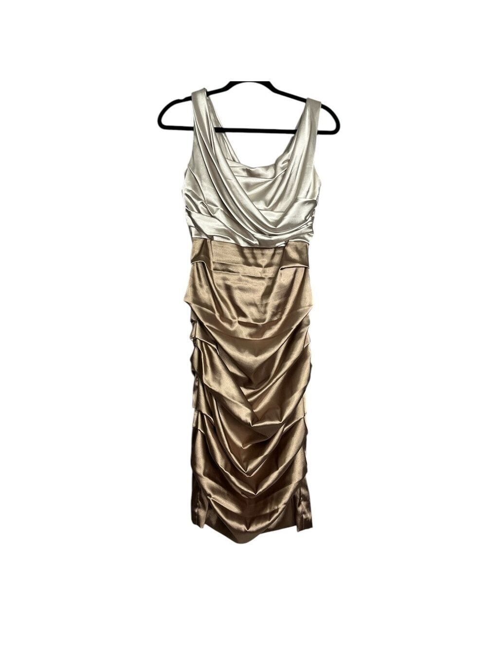 Le Chateau Satin Draped Ruched Knee Length 2 Tone Gold Sleeveless Party Dress, S